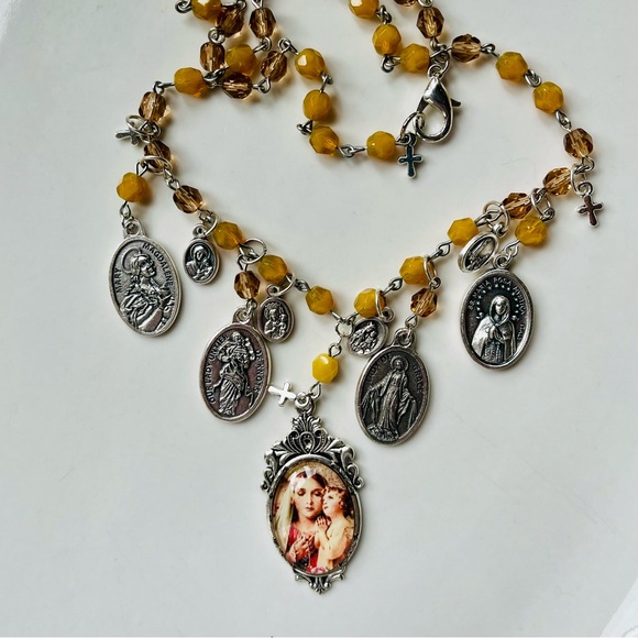 Mary & Jesus Vintage Image Medals Choker Citrine & Topaz Austrian Crystals - Picture 10 of 16